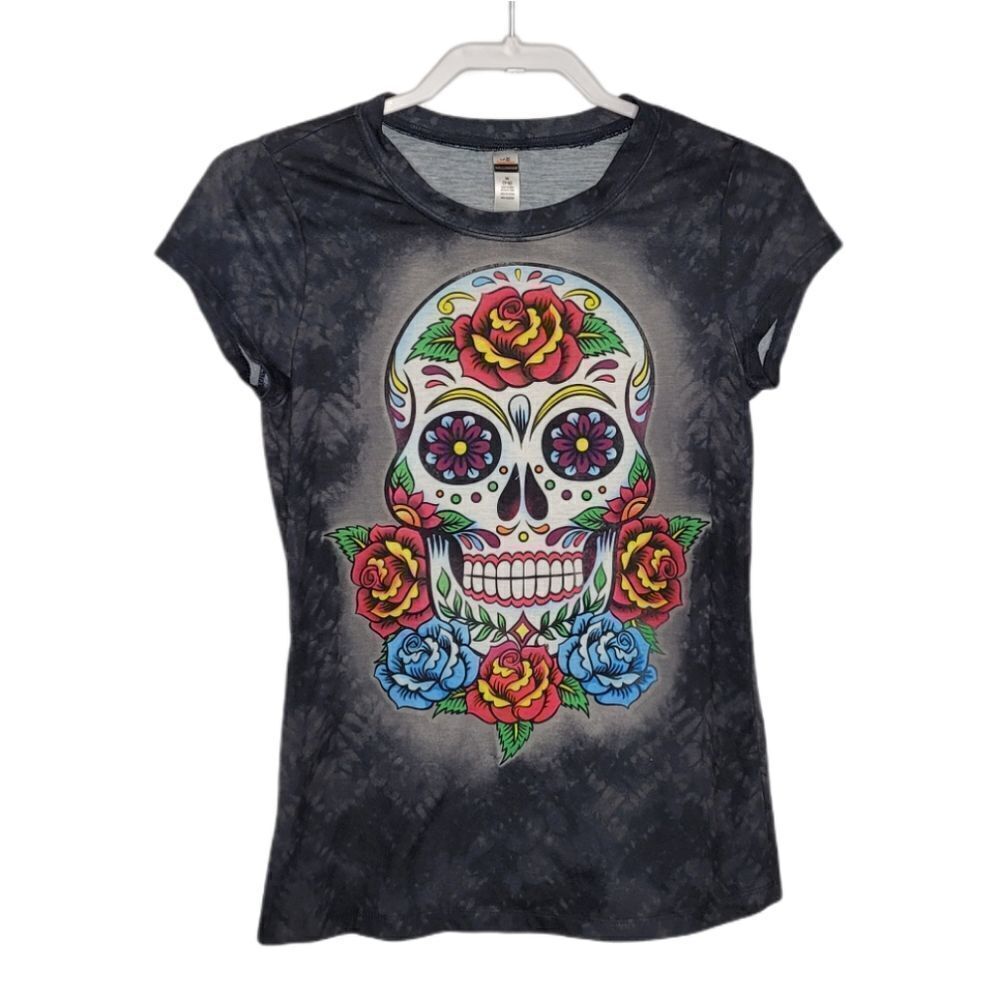 SUGAR SKULL Halloween‎ floral short sleeve burnout tee shirt M